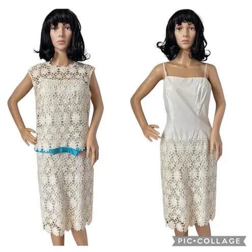 American Vintage Daisy Macrame overlay dress 2 pieces cream blue