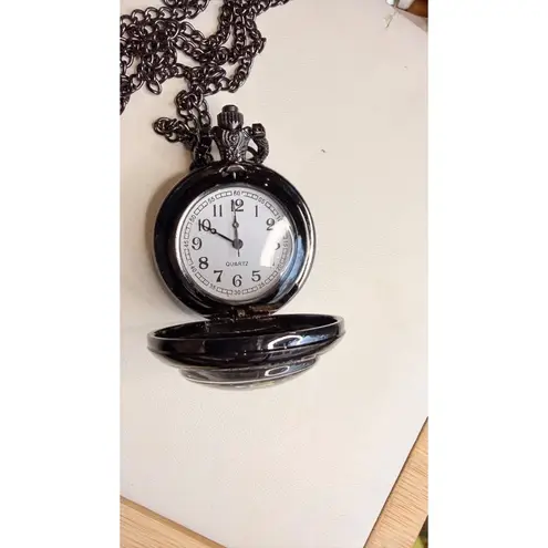 Route 66 Pocket Watch Quartz Movement With Chain Necklace Black Vintage Style Size 40