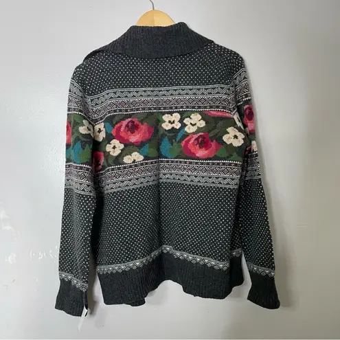 Vintage LL Bean grey pink 100% lambswool floral button up cardigan women’s large Gray