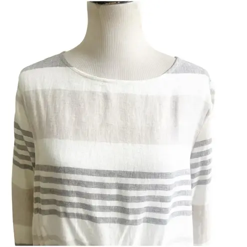 Toofan Linen Tunic Size Large Front Pockets Striped Crew Neck Neutral Colors Tan