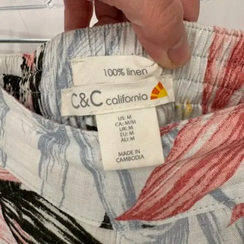 C&C California Tropical Beachy Pants Womens Medium White Linen Pockets Wide Le