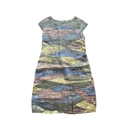 VBN Moda Italy Linen Dress Multicolor Abstract Art Wave Print Patchwork Medium Blue