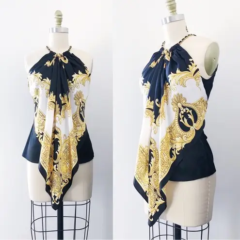 Cache  • vintage silk scarf top halter neck chain black white gold versace