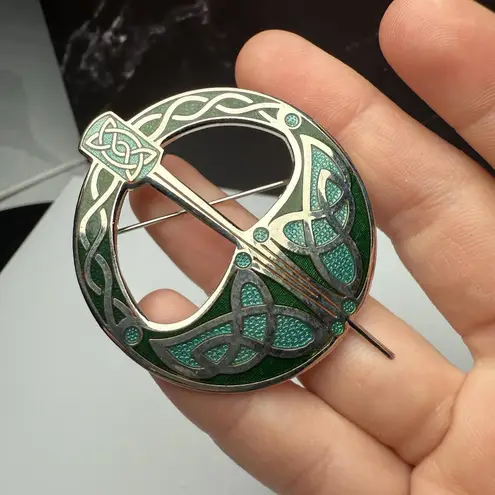Celtic Sea Signed Blue Green Enamel Tara Brooch Pin Silver Tone