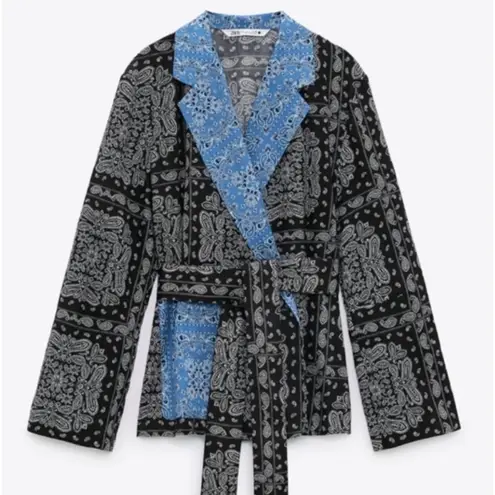 ZARA  Black Blue Paisley Cotton‎ Wrap Long Sleeve Collared Jacket Blouse - Image 1