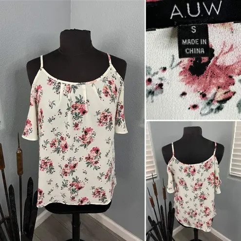 AUW A.U.W. Women's Size Small Off The Shoulder White Floral Blouse