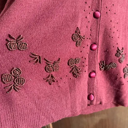 BETTE SUNG | Burgundy Wool Blend Real Fur Collar Beaded Cardigan sweater | Small Red