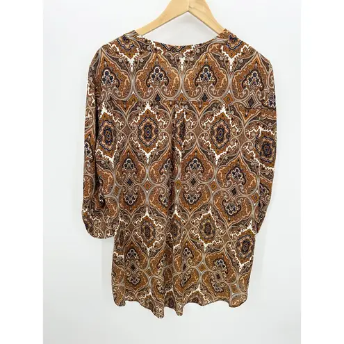 Sami & Jo Blouse Women XL Brown Printed Sheer Roll Tab Light V-Neck Peasant Boho