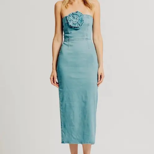 Torn By Ronny Kobo NWT Renee Strapless Denim Midi Dress in Medium Blue Small