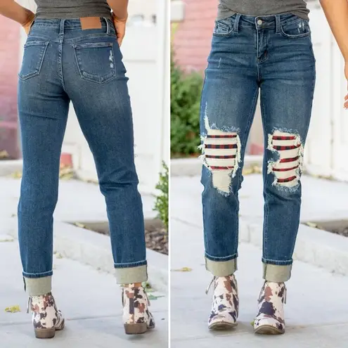 Judy Blue Buffalo Plaid Patch Midrise Cuffed Boyfriend Jeans Dark Wash Size 29