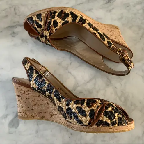 Stuart Weitzman  Slingback Wedge Sandals Brown Woven Leopard Print Open Toe Sz 8