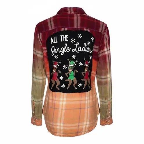 Christmas Funny Bleach Plaid "All The Jingle Ladies" Graphic Flannel Size Medium Red