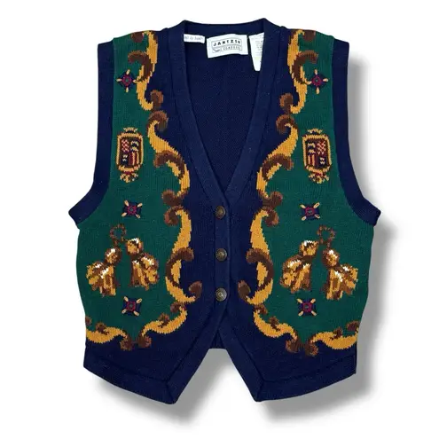 Jantzen Vintage 80s Baroque Equestrian V Neck Sweater Vest Blue Small