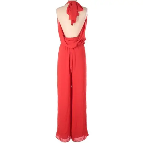 Krisa  Retro 70s Wide Leg Strapless Tie Front Chiffon Jumpsuit- Vermilion Size XS