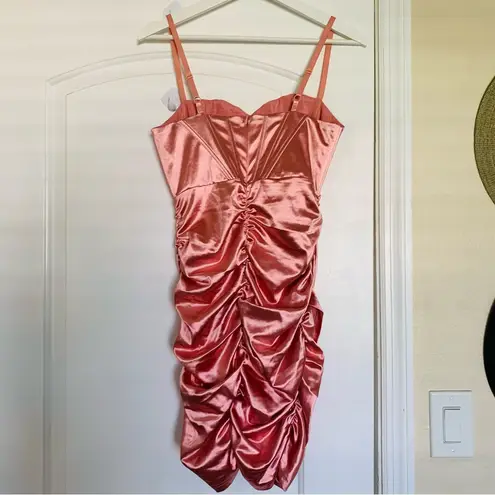 NWT LINJOU Rose Pink Satin/Silk Sweetheart Corset Ruched Wrap Bodycon Dress | L Size L