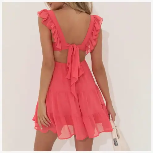 Coral chiffon ruffle tiered apron tie open back mini dress small Red