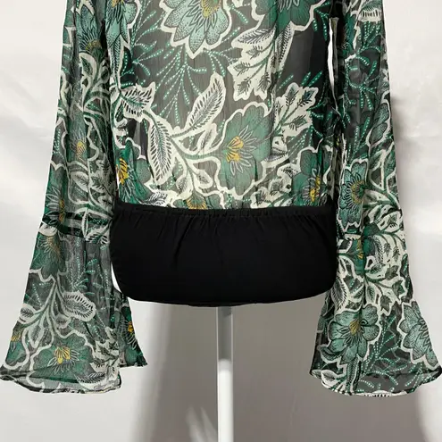 Band Of The Free New Floral Flare Long Sleeve Bodysuit Black Emerald Size Medium