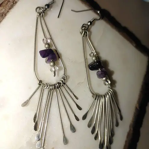Long Vintage Silver Dangle Earrings Purple Amethyst Pearl Beads Fringe