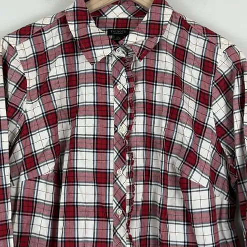 Talbots  Womens Plaid Button Up Shirt 1X Petite Red‎ Gold Metallic Ruffle Classic - Image 2