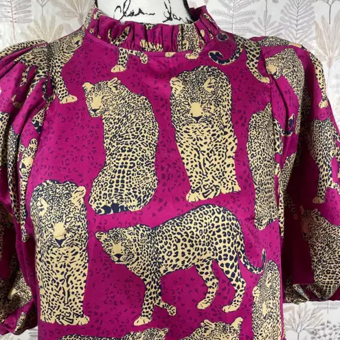 Tyler Böe Leopard Cheetah Print Ruffle Hem Dress Pink Magenta Puff Sleeve XS