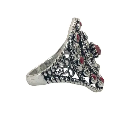 Silver, Red, and Black Rhinestone Statement Ring