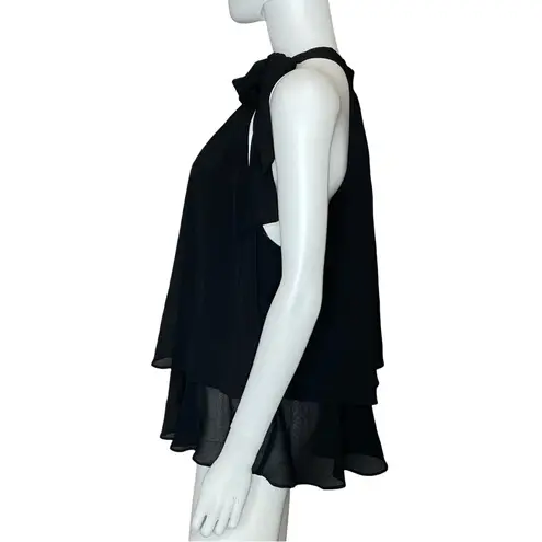 CeCe Shoulder Bow Tiered Ruffle Crinkle Chiffon Blouse Black Women’s Sz L