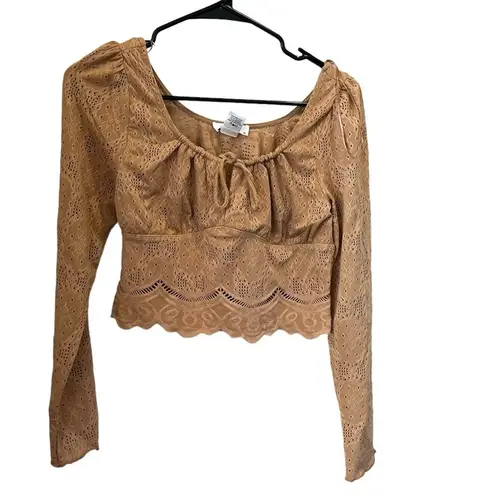 Kirious Tan Embroidered Eyelet Cropped Blouse Size M