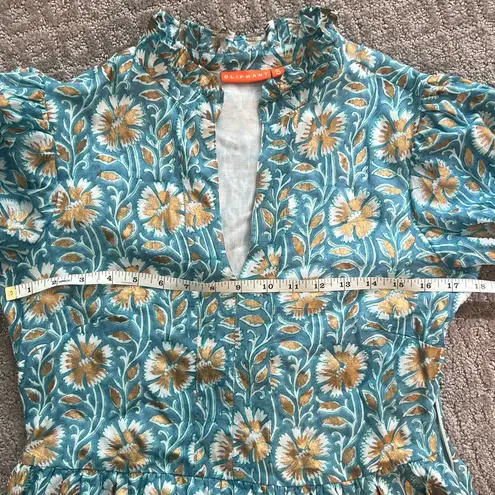 NWOT Oliphant Teal Floral Tiered Mini Dress Hand Block Print, Size Small Blue