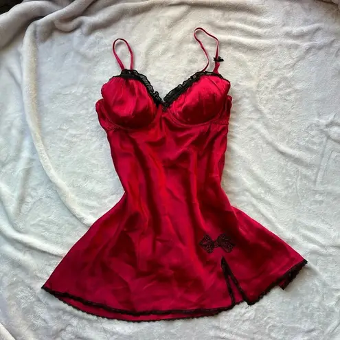 Vintage red and black satin bow floral lace mini Slip Dress