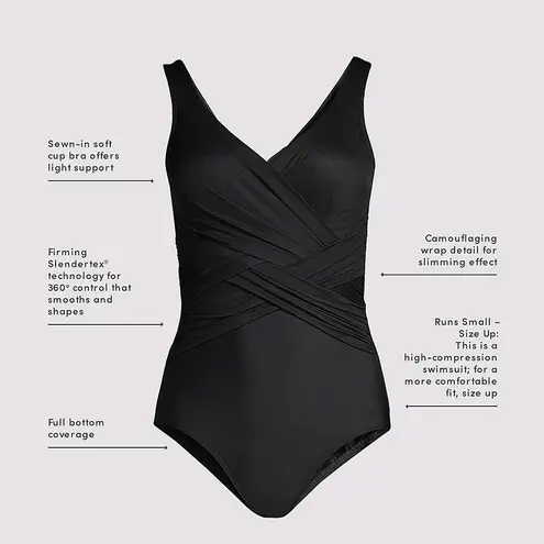Lands End Black SlenderSuit Wrap One Piece Soft Cup Swimsuit Size 6