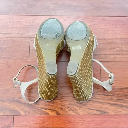 Guess Taupe and Gold Woven Platform Wedge Sandals with Bows