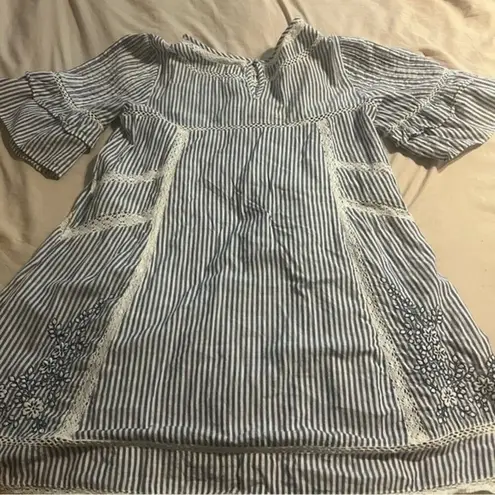 Free People  Sunny Day Striped Embroidered Ruffle Trapeze Mini Dress Blue White