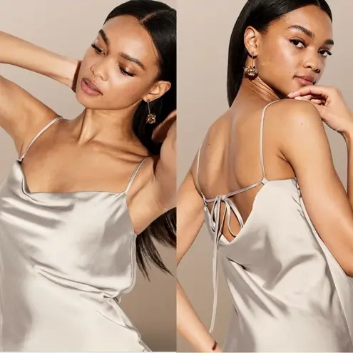NWT🌹THE OCCASION XL🌹ELITE LINE SLEEK CHAMPAGNE SATIN DRAPED FRONT OPEN BACK MAXI Silver
