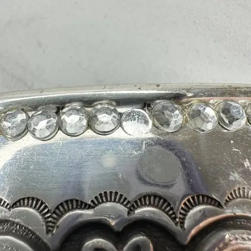 Vintage 1995 Western Rhinestone Belt Buckle Flower Scroll Silver ✨