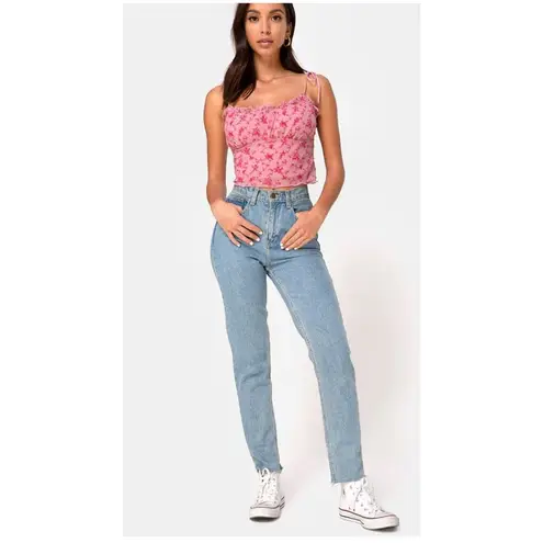 Motel Urban Outfitters Kalsi Top in Love Bloom Pink Flock Top Size Small