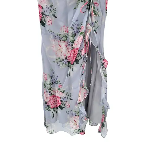 Velvi Cali Maxi Dress in Blue Floral size Small Lace Up Sleeveless Slit Ruffle