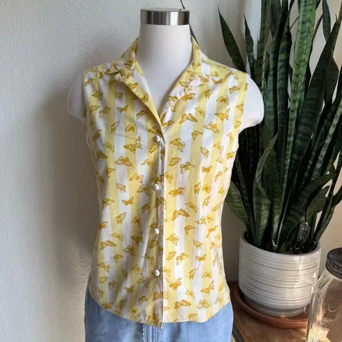 Vintage Butterfly Print Sleeveless Top Yellow White Stripe Cottagecore USA Size M
