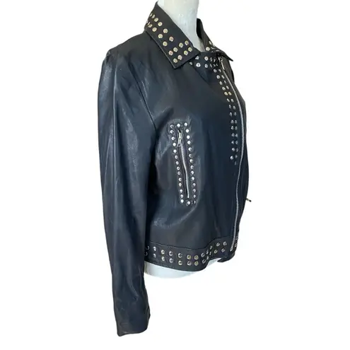 Olivaceous women's L black studded zip up leather jacket with several pockets