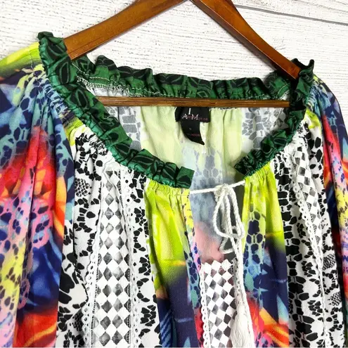 Alberto Makali Colorful Bohemian Bell Sleeve Top Size Medium Sheer Crochet Boho
