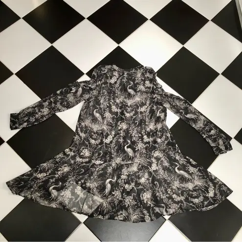 The Kooples Silk Birdy Print Cold-Shoulder Dress Black Semi-Sheer Pattern AOP L