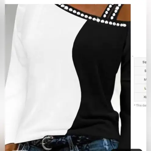 Chic Me Top Fashion Color Lock Water Diamond Cold Shoulder Top Casual Long Sleeve