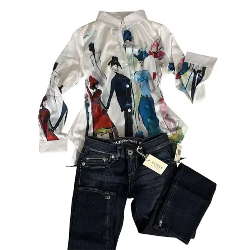 Parisian Oil Painting Print Button Down Blouse Large Multiple Size M