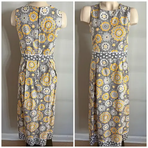 Handmade Gray Yellow Floral Polka Dot Midi Dress Mod Retro Style M