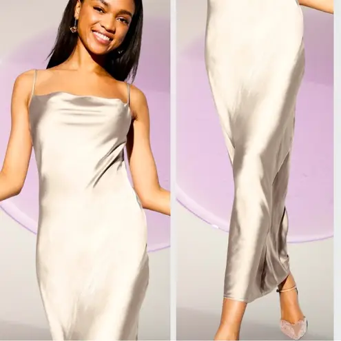NWTS🌹THE OCCASION L🌹ELITE LINE SLEEK CHAMPAGNE SATIN DRAPED FRONT OPEN BACK MAXI Silver Size L