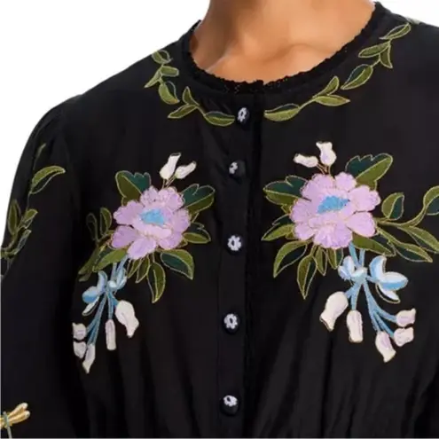 Farm Rio Anthropologie Winter Garden Embroidered Blouse Black Purple Size Small