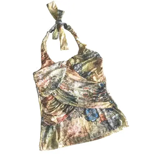 new Boho Chic ❤︎ Floral Watercolor Print Draped Halter Top ❤︎ Pin Up ❤︎ Large Blue
