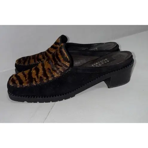 Stuart Weitzman 90s Y2K Vintage  Block Heel Fur Zebra Chocolate Brown Mules Sz 8B
