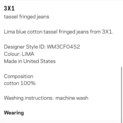 NWOT 3x1 tassel fringe jeans Lima cotton cropped straight leg Blue Size 29