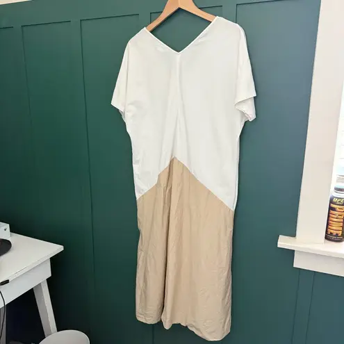 COS Draped Panel Cotton Jersey Dress Knee Length Two Tone White Beige