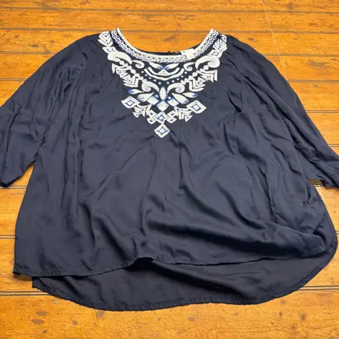 STYLUS Women's Navy Blue Embroidered Tunic Top Plus Size 2X